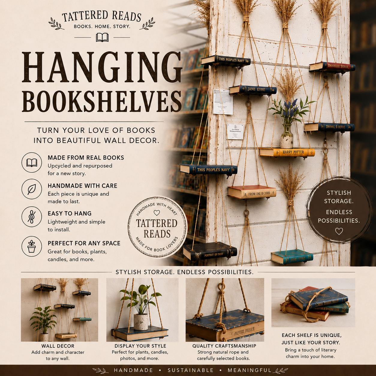 📚 Tattered Reads Hanging Bookshelves